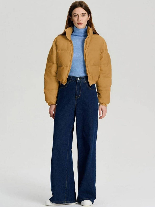 Lightweight Crop Puffer Jacket in Yellow; brown polyester - Nowi Korean Fashion