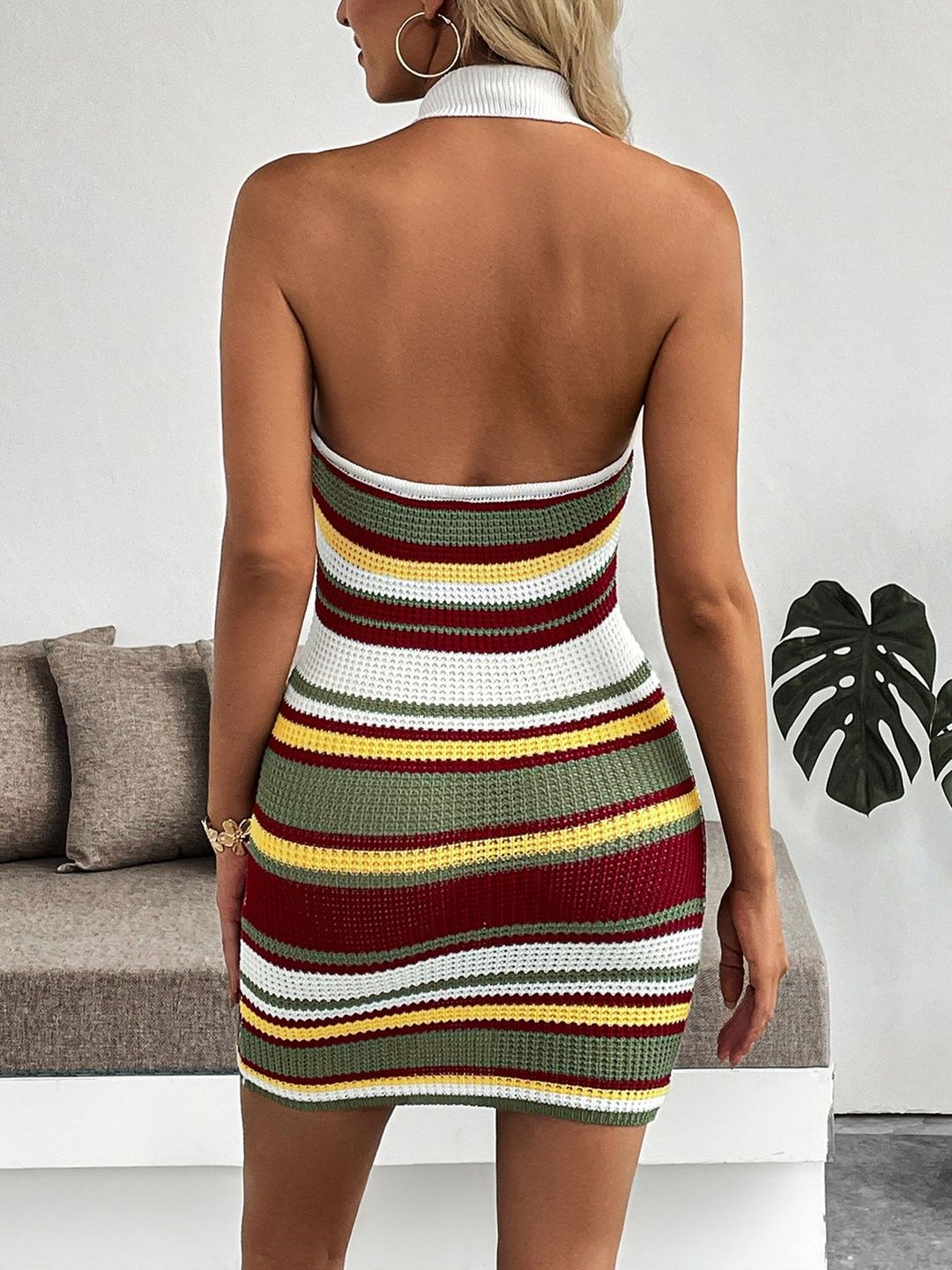 Striped Halter Neck Bodycon Mini Dress