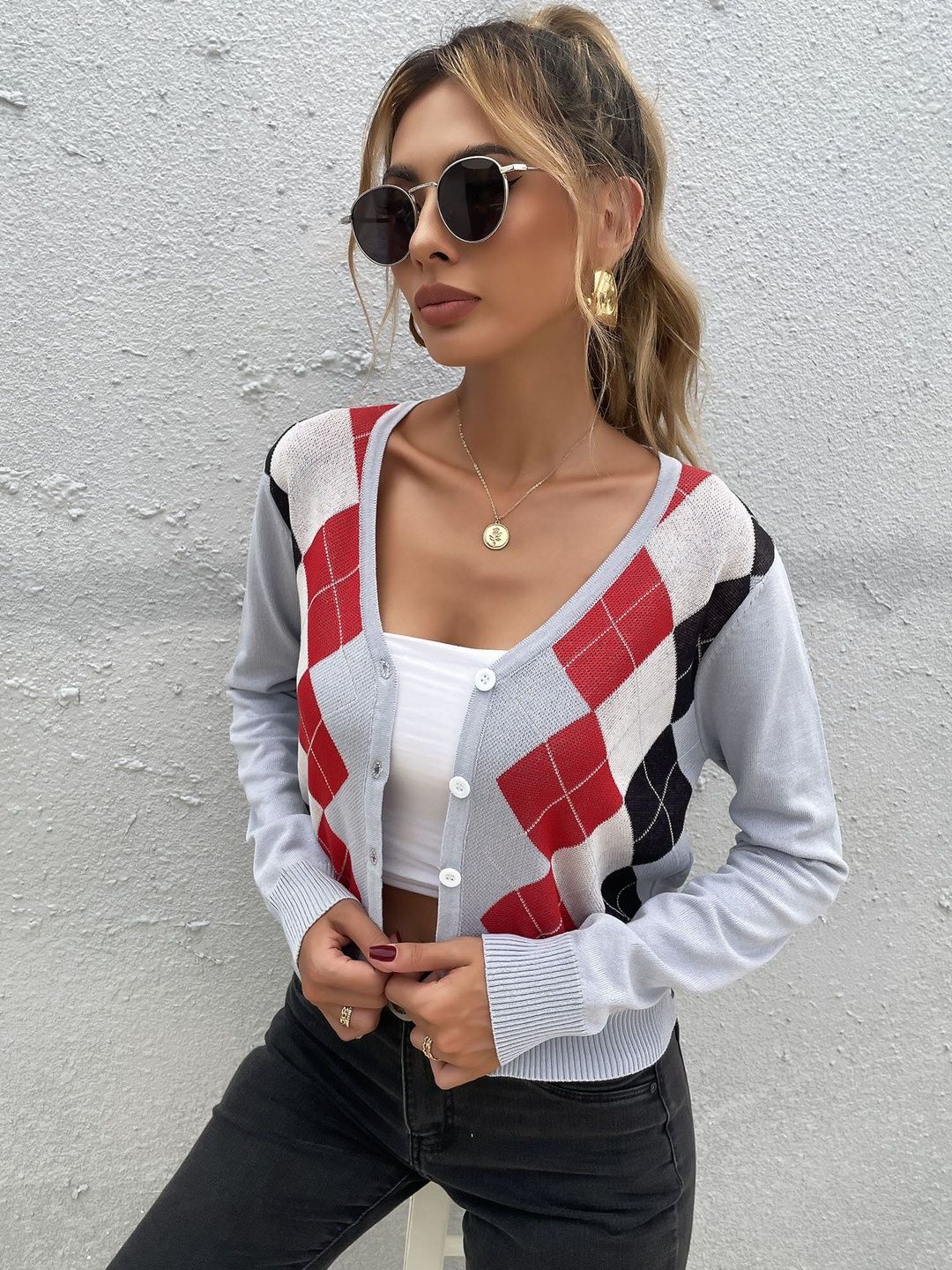 Women Argyle Checked Cardigan