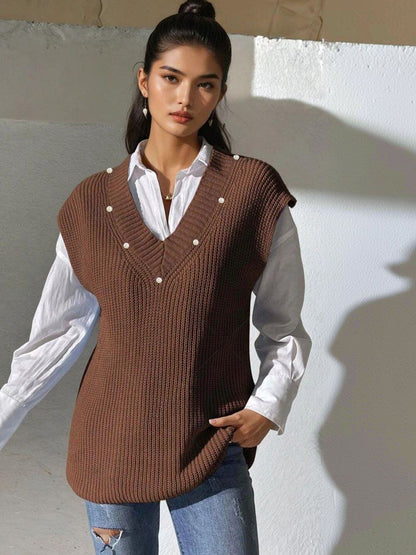 Ribbed Sweater Vest in Brown acrylic - Nowi Korean Fashion