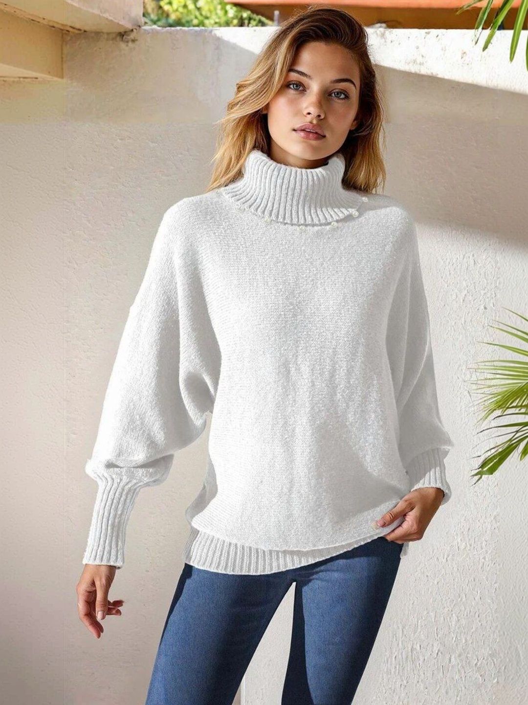 Pullover with Embellished Detail in White acrylic - Nowi Korean Fashion