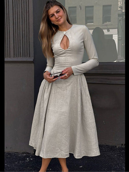 Keyhole Neck Fit & Flare Midi Dress in Beige cotton - Nowi Korean Fashion