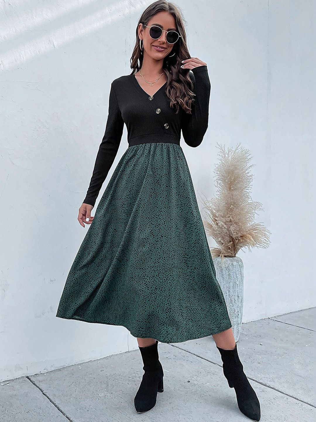 Women's Teal Nowi Print A-Line Midi Dress