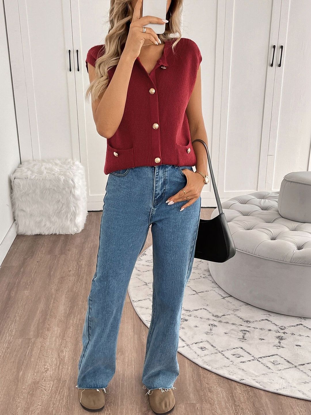 Ribbed Sleeveless Cardigan in Maroon - Nowi Korean Fashion