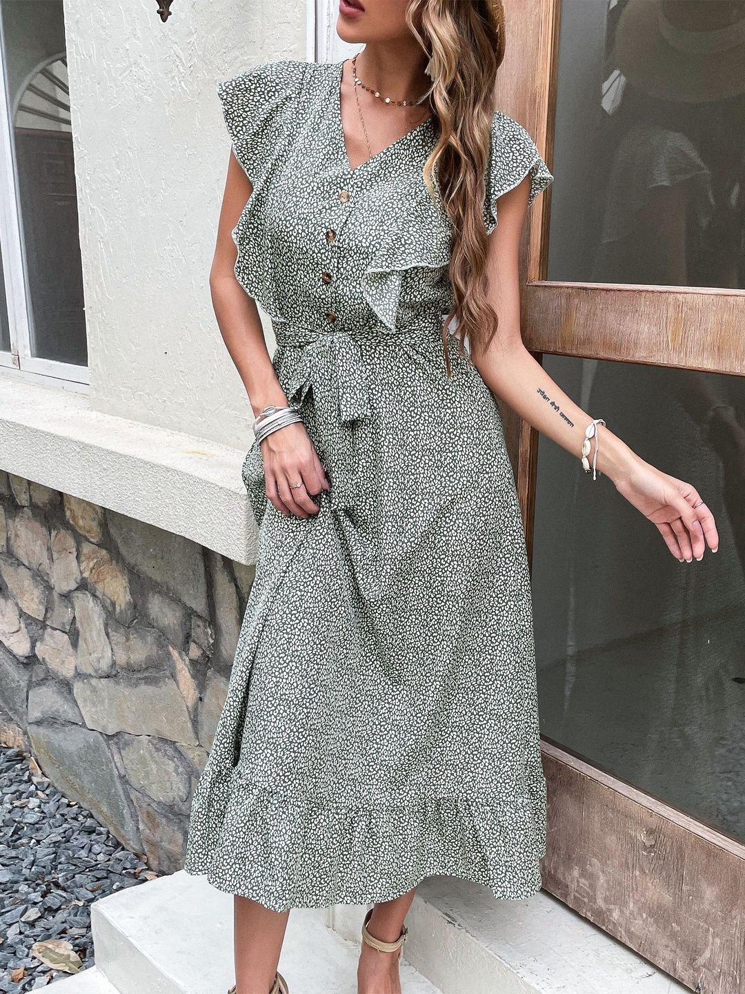 Floral Print Flutter Sleeve Ruffled A-Line Midi Dress