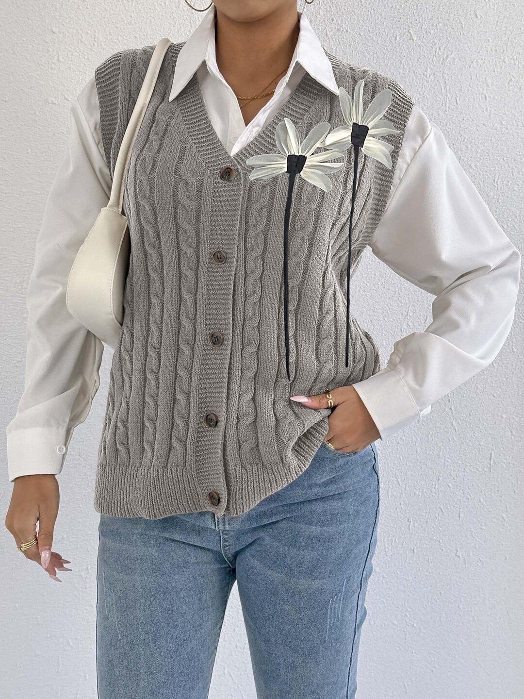 Women Cable Knit Sweater Vest with Applique Detail