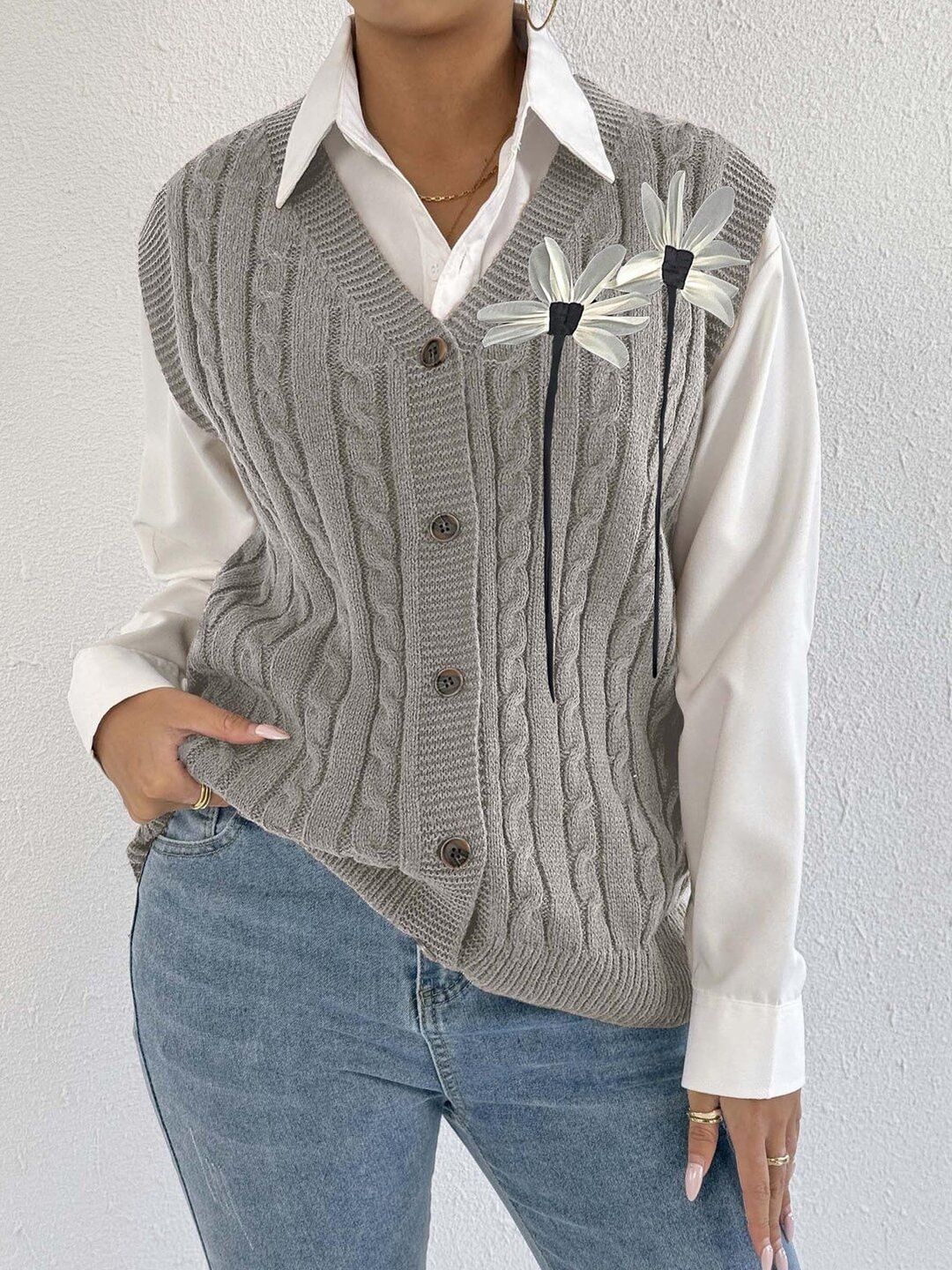 Women Cable Knit Sweater Vest with Applique Detail