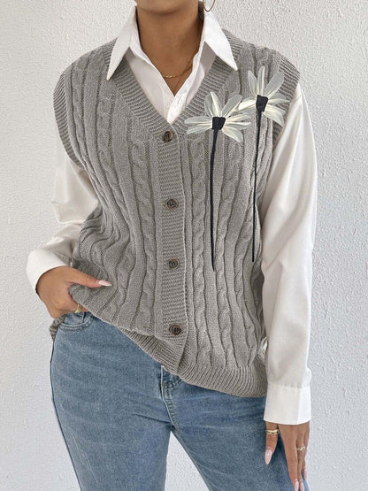 Women Cable Knit Sweater Vest with Applique Detail