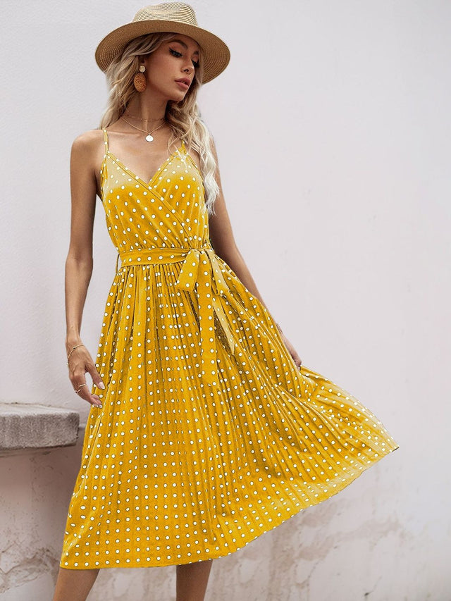 Polka Dot Print Midi Dress in Yellow cotton Printed - Nowi Korean Fashion