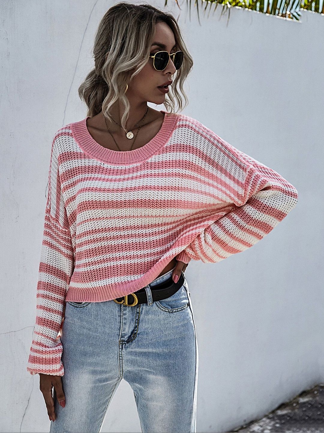 Women's Pink Striped Ribbed Crop Pullover
