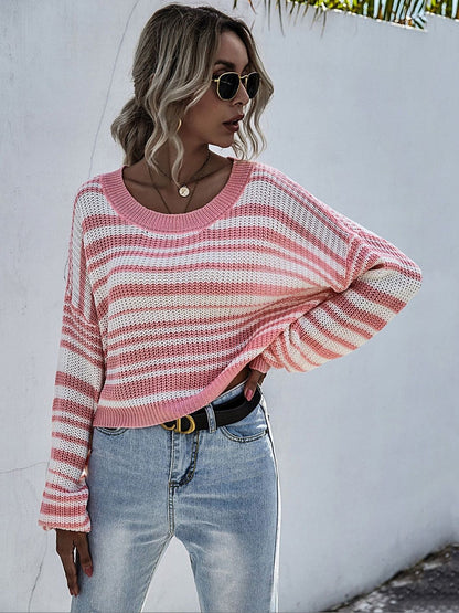 Women's Pink Striped Ribbed Crop Pullover