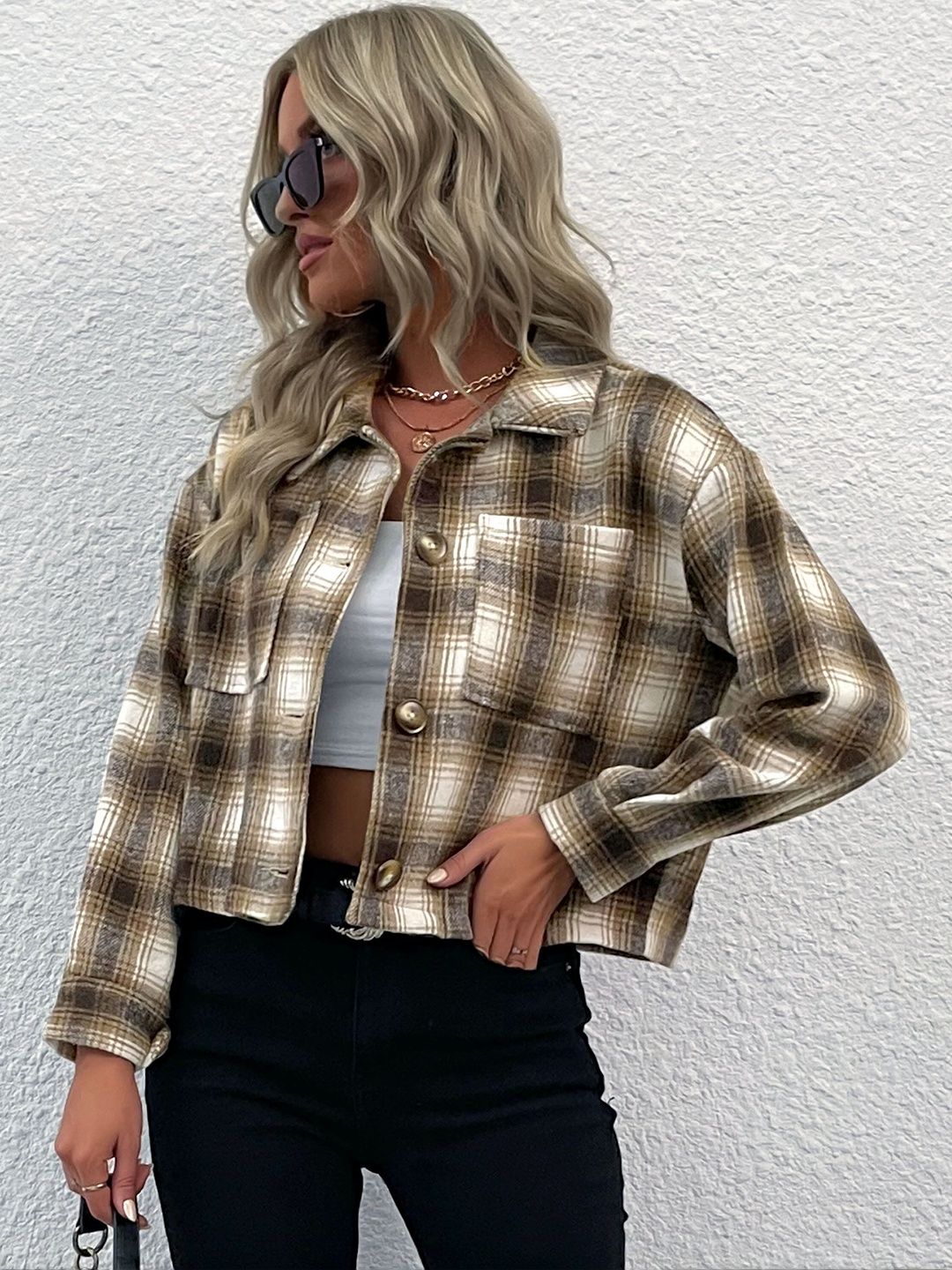 Women Checked Crop Jacket