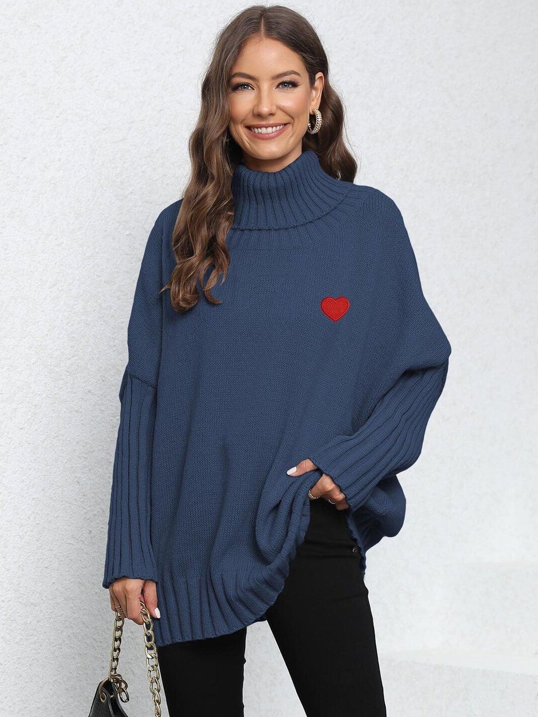 Pullover with Embroidered Detail in Blue acrylic - Nowi Korean Fashion