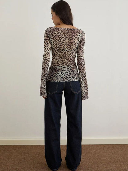 Women's Grey Nowi Animal Print Bell Sleeve Top