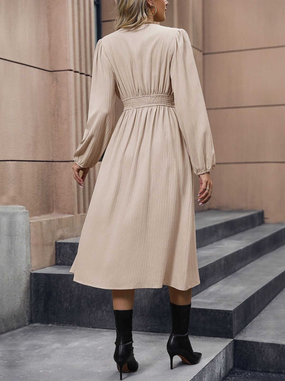 Women's Beige Fit & Flare Midi Dress Blend Printed