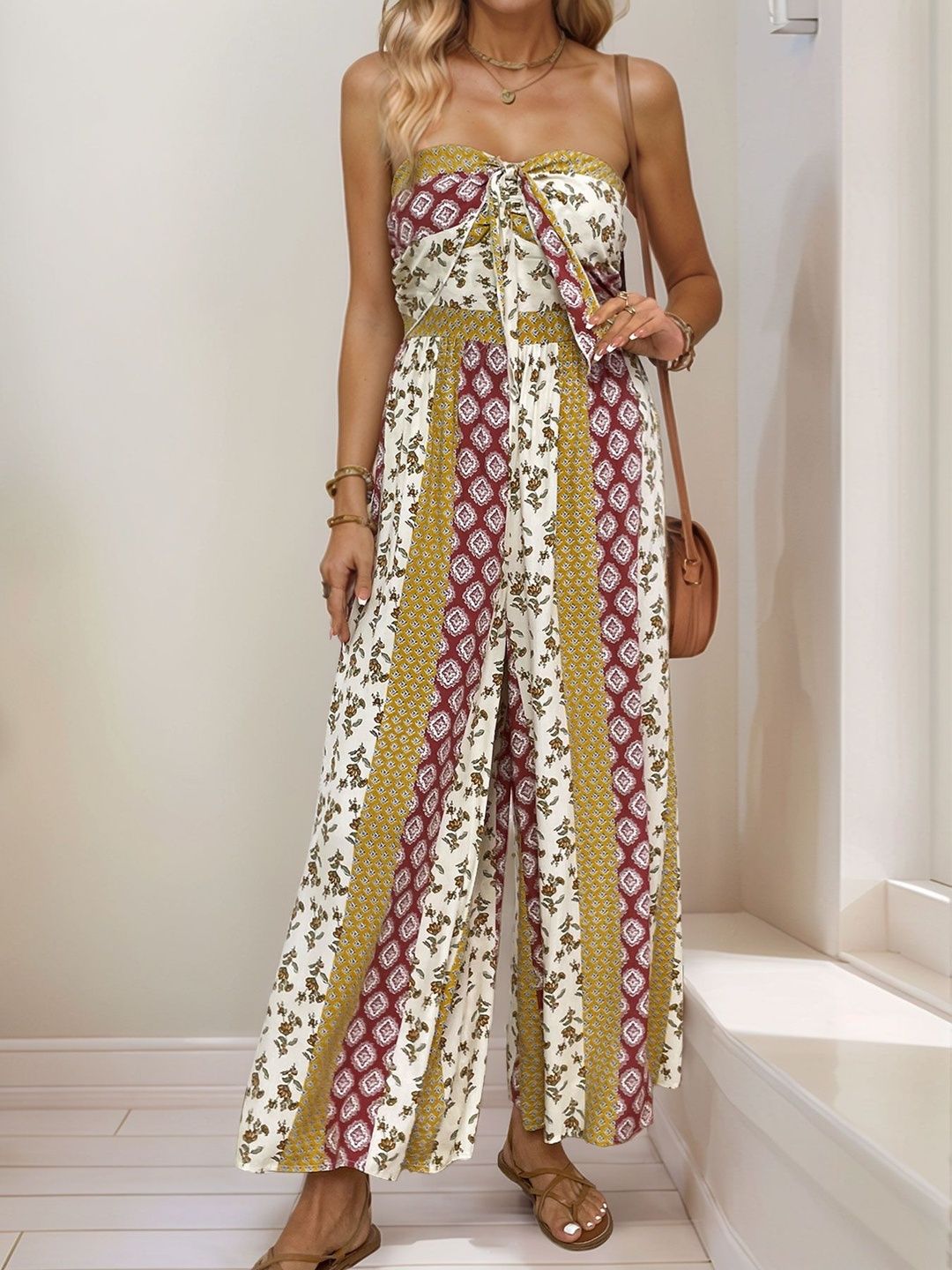 Strapless Printed Basic Jumpsuit in White cotton - Nowi Korean Fashion