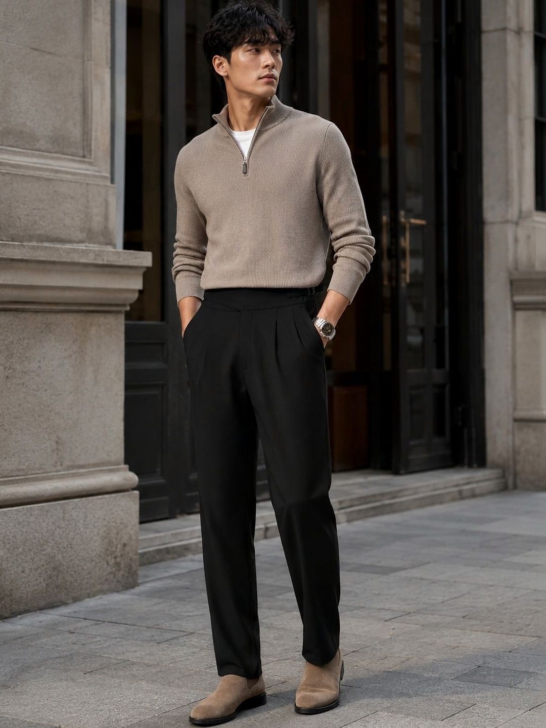 Men Tailored Straight Fit Pleated Trousers