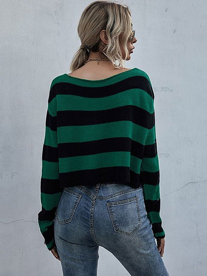 Women's Green Striped Crop Pullover With Fuzzy Detail