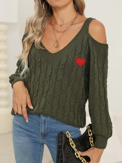 Women Cable Knit Pullover with Embroidered Detail