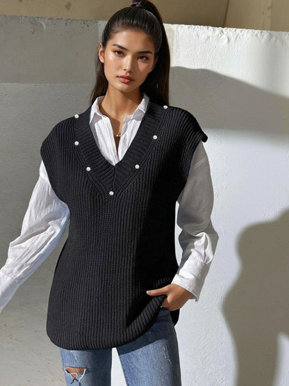 Ribbed Sweater Vest with Embellished Detail in Black acrylic Sleeveless - Nowi Korean Fashion