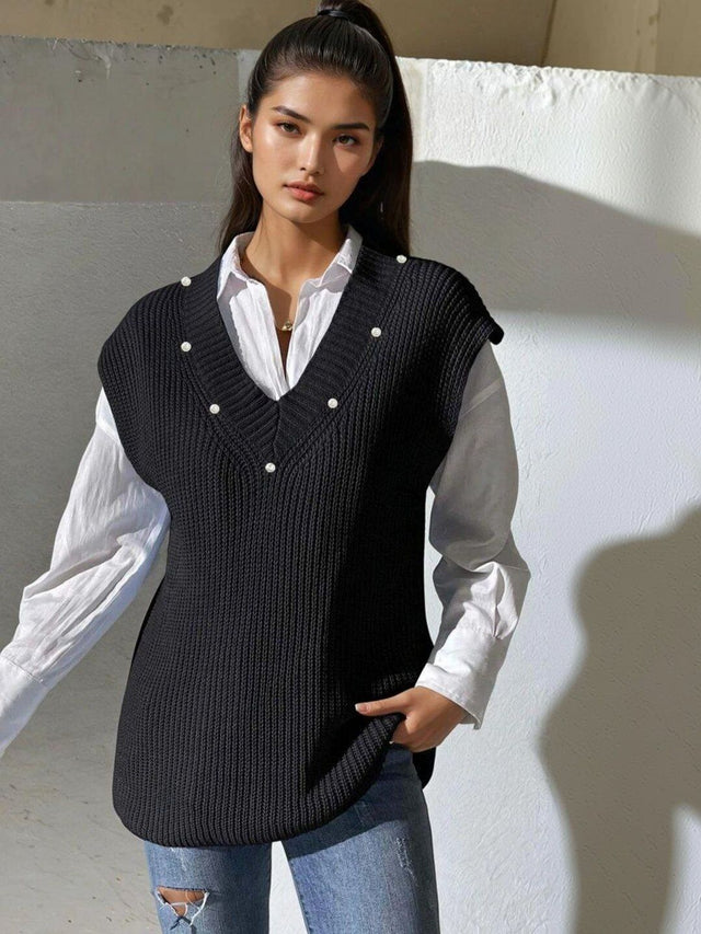 Ribbed Sweater Vest with Embellished Detail in Black acrylic Sleeveless - Nowi Korean Fashion