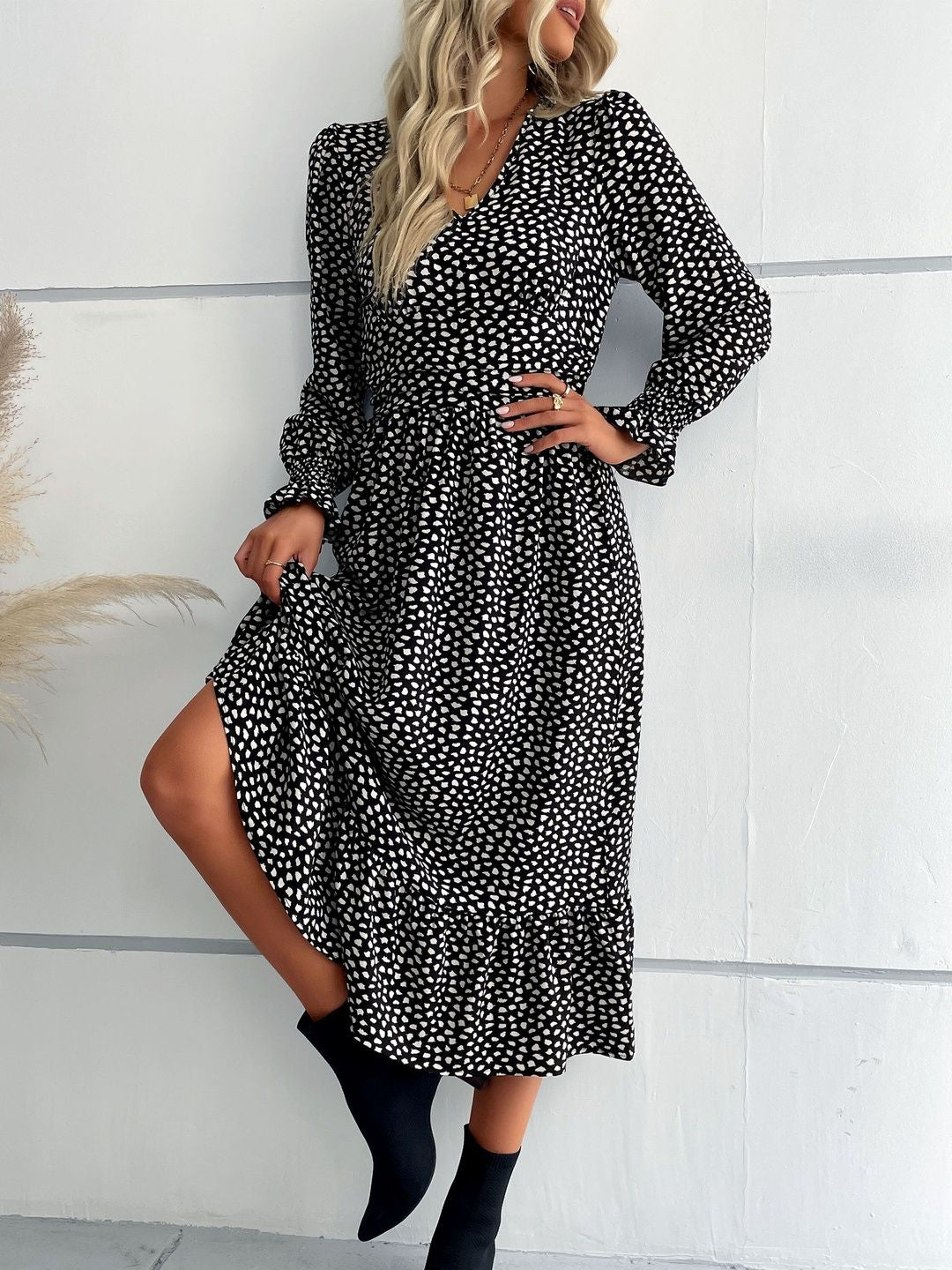 Women's Black Polka Dot Print Midi Dress