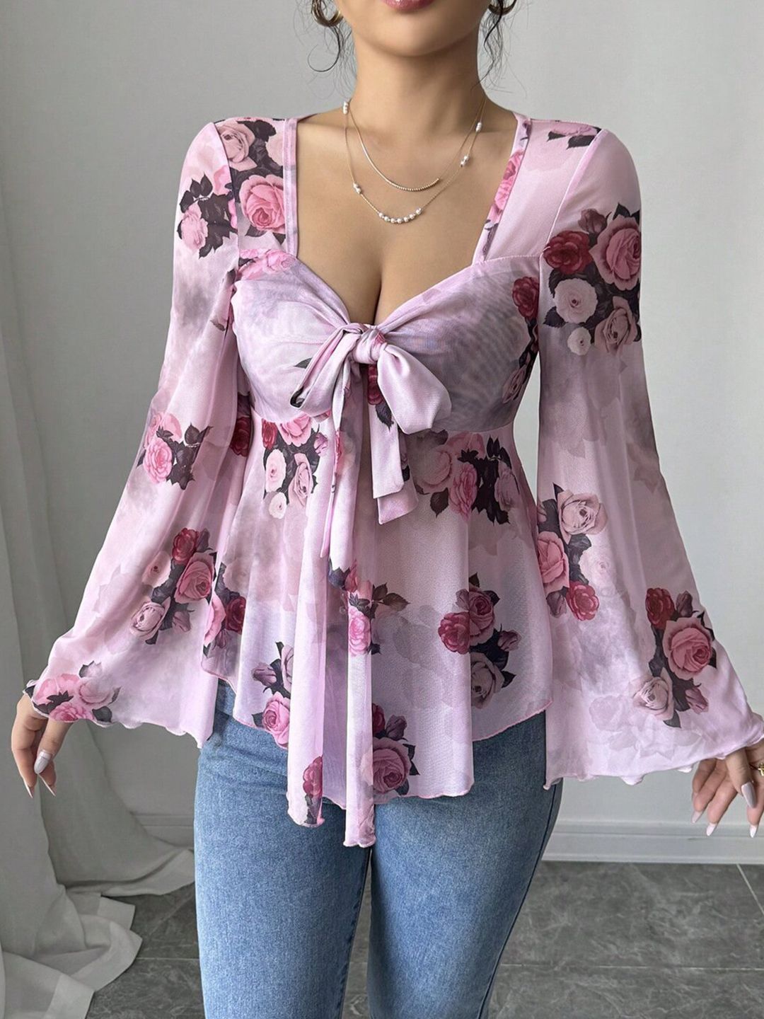Floral Print Flared Sleeve Top