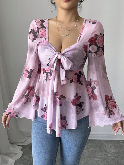 Floral Print Flared Sleeve Top