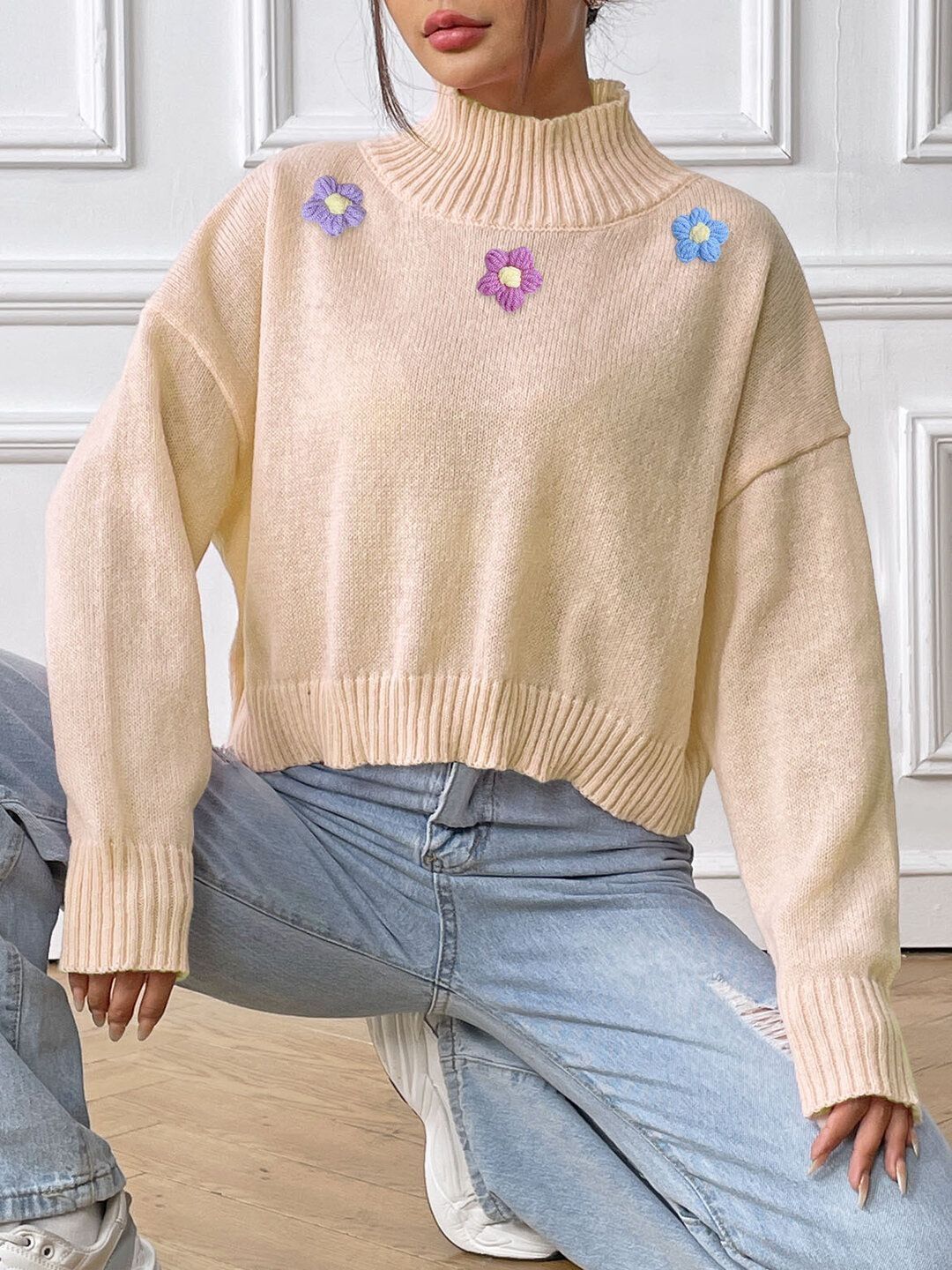 Women Embroidered Crop Pullover with Embroidered Detail