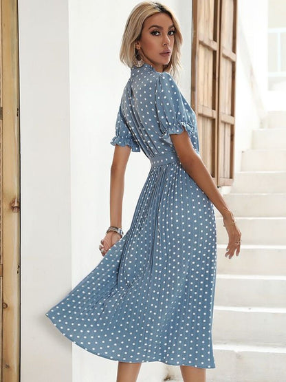 Polka Dot Print Puff Sleeve Fit & Flare Midi Dress