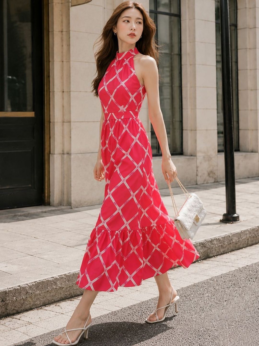Print Halter Neck Crepe Fit & Flare Midi Dress