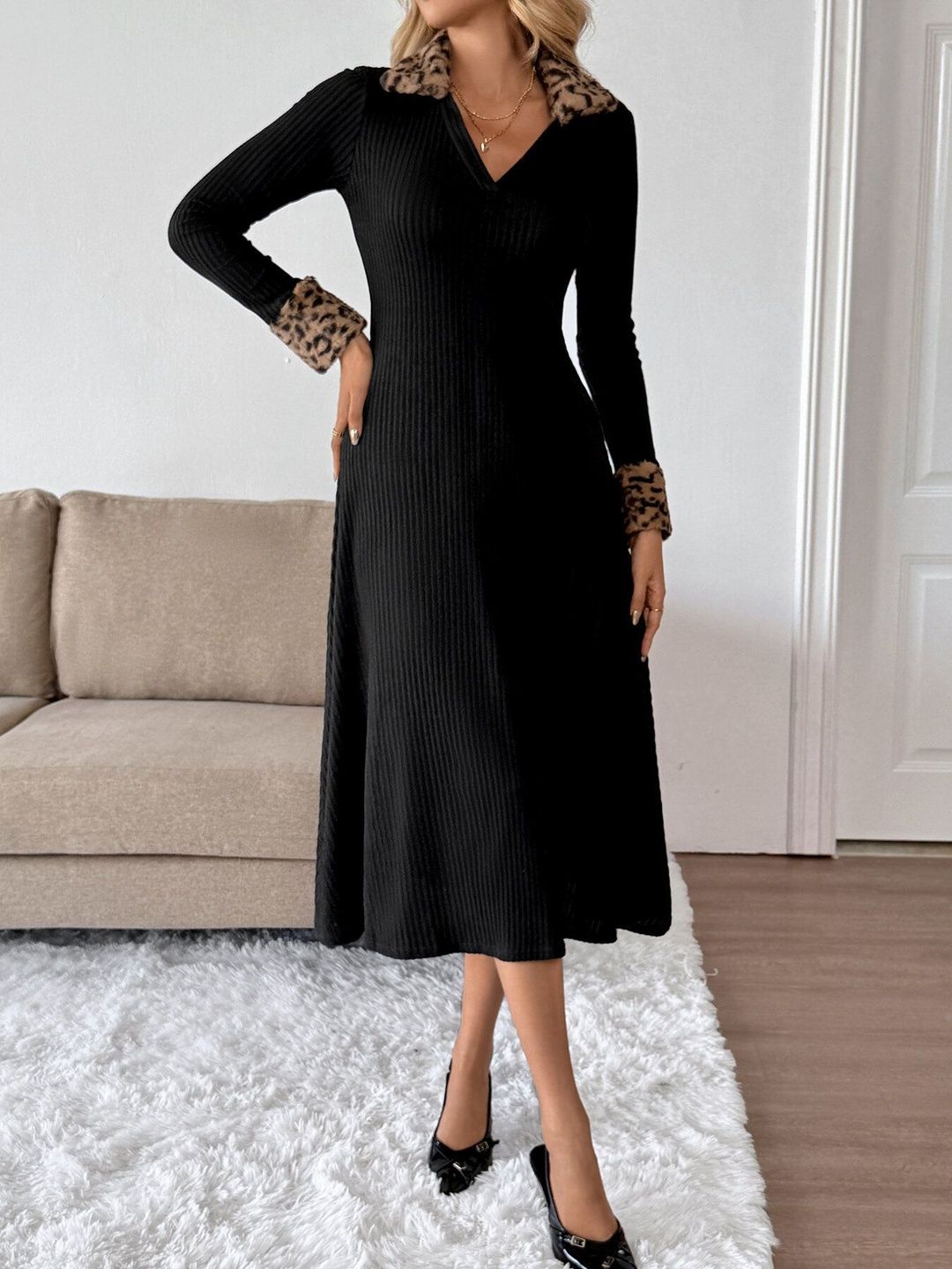 Women's Black Animal Fit & Flare Midi Dress