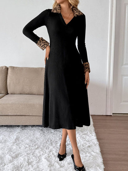 Women's Black Animal Fit & Flare Midi Dress
