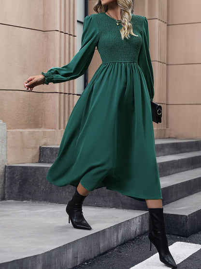 Women's Green Puff Sleeve A-Line Midi Dress Blend Printed