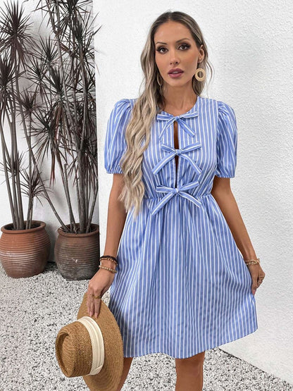 Striped Puff Sleeve A-Line Dress in Blue - Nowi Korean Fashion