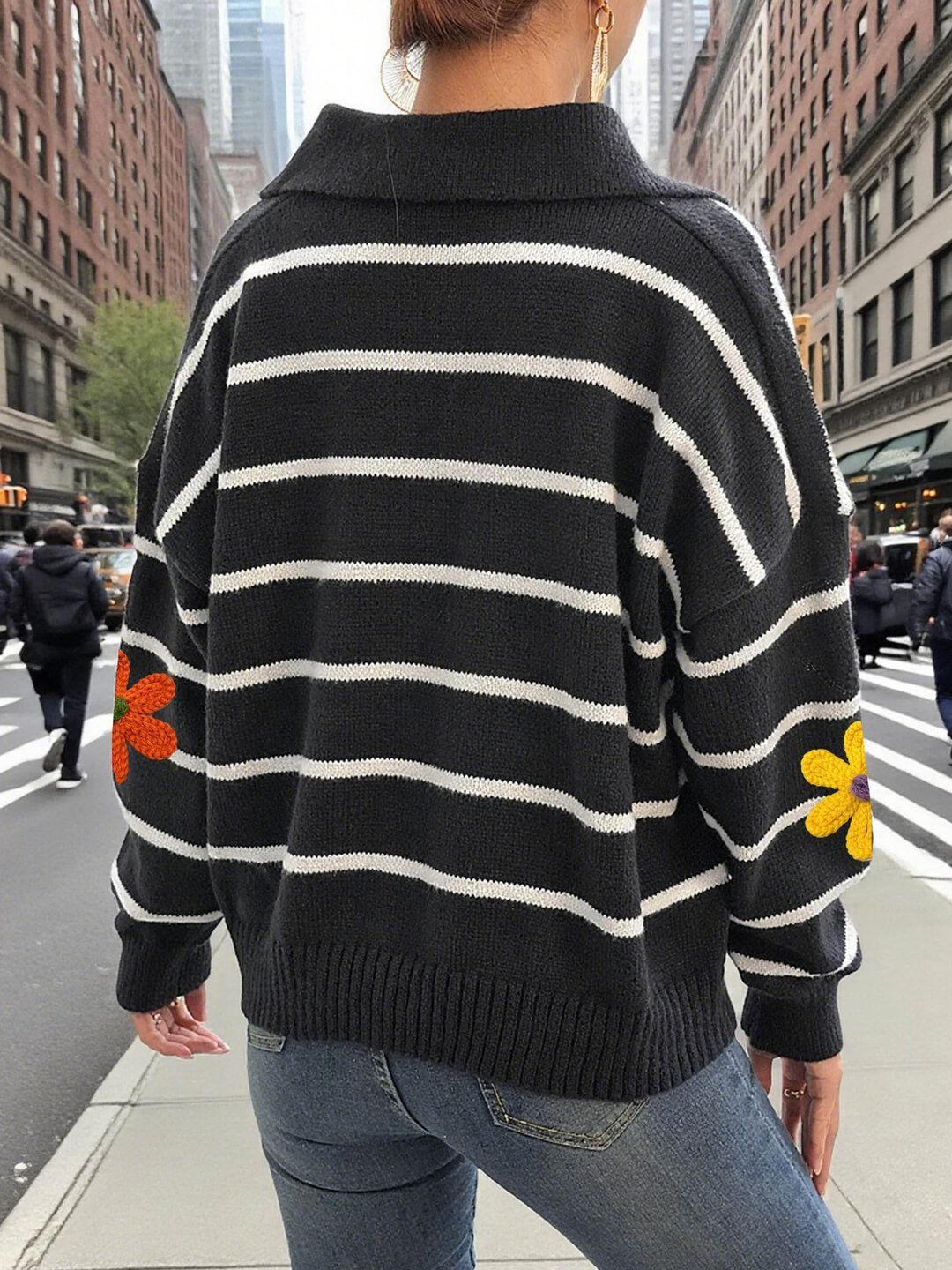 Women Striped Pullover with Embroidered Detail
