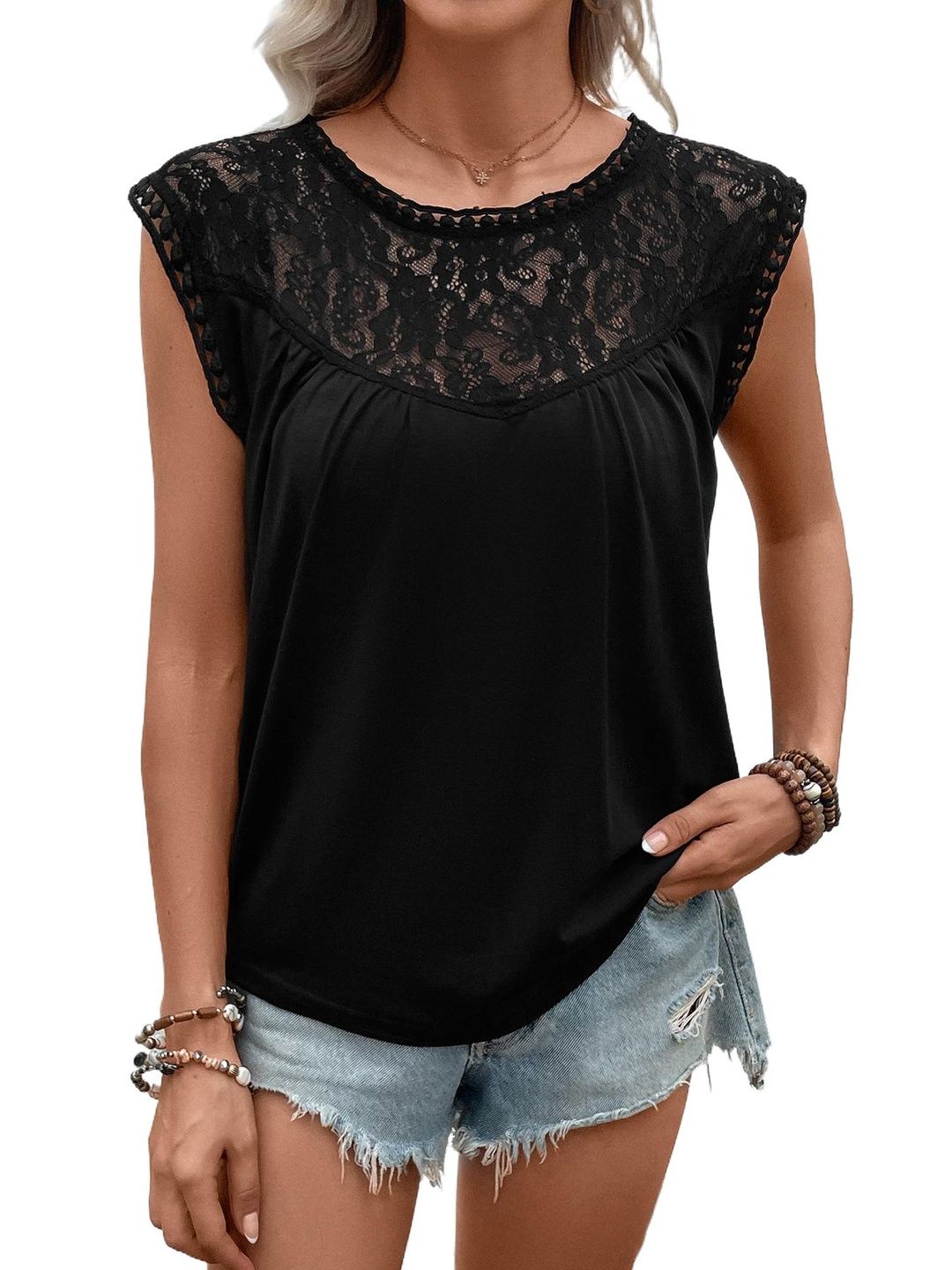 Top in Black polyester Short Sleeve - Nowi Korean Fashion