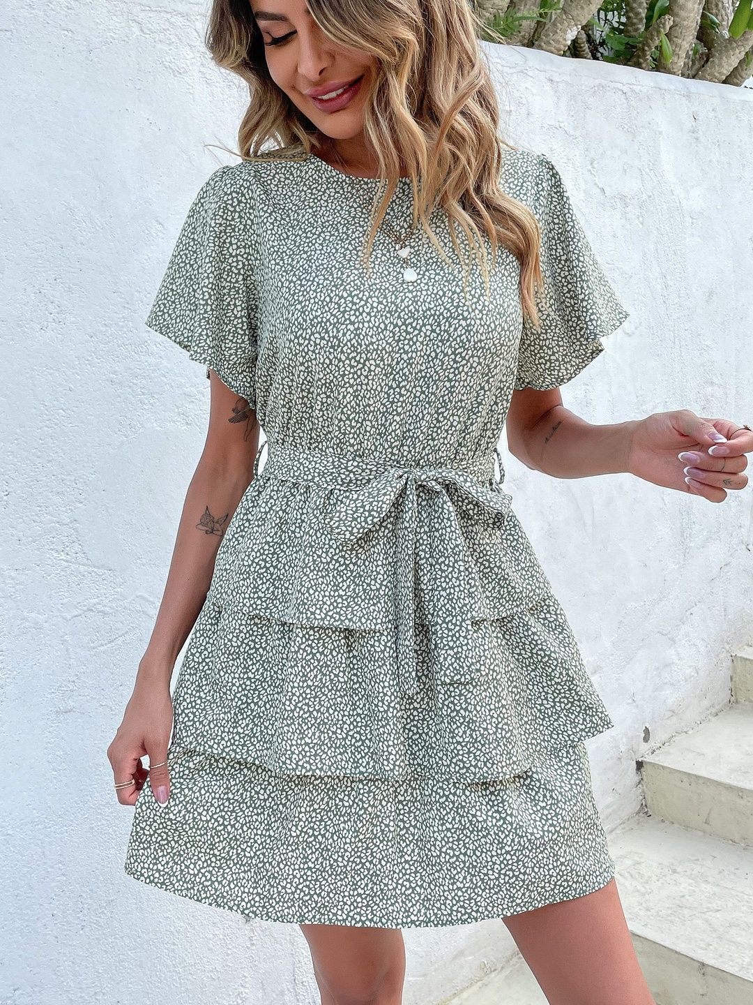 Floral Print Flutter Sleeve Fit & Flare Mini Dress