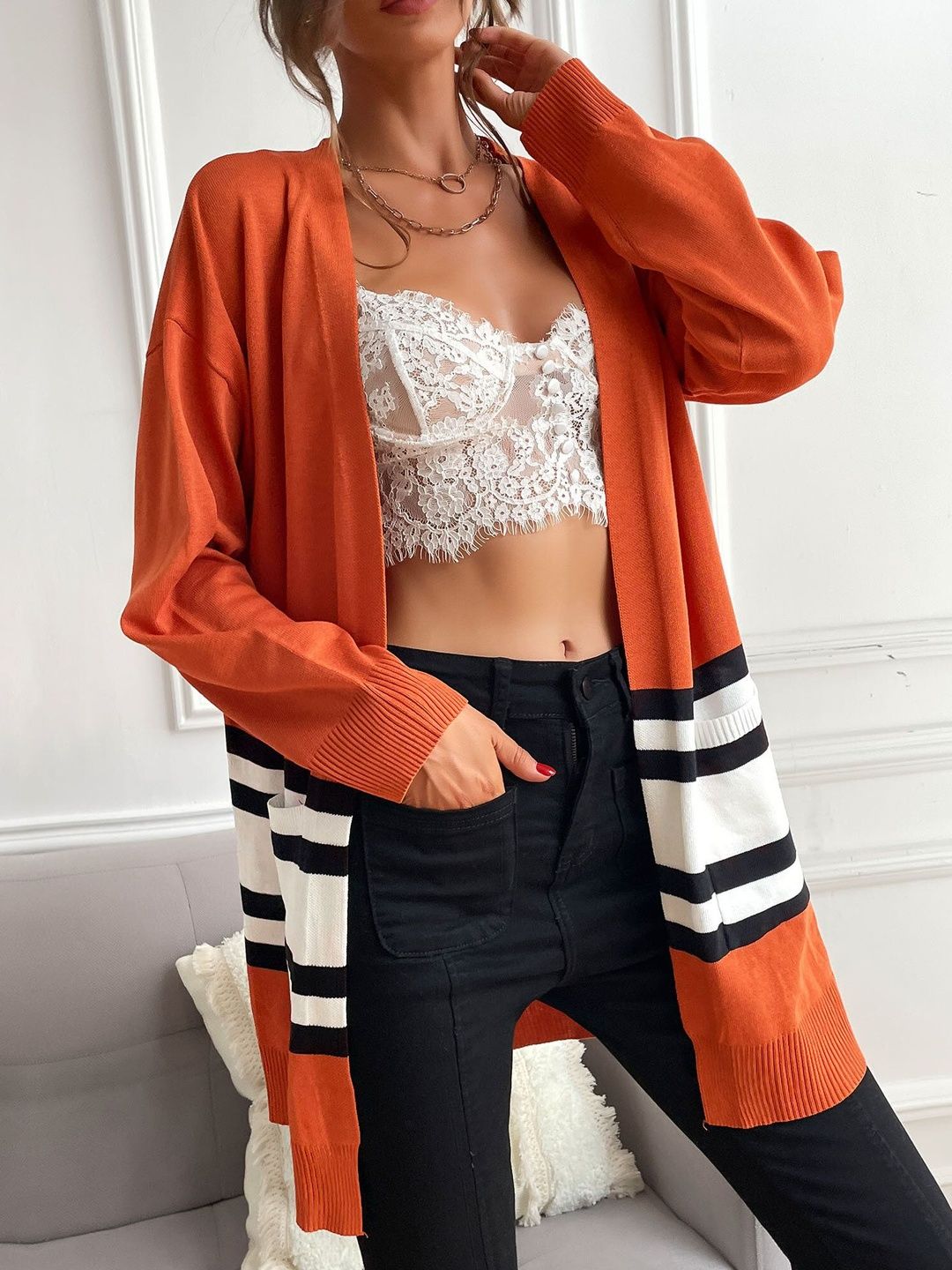 Women's Orange Colourblocked Cardigan