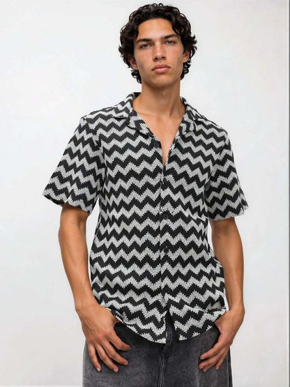 Chevron Printed Spread Collar Cotton Casual Shirt in Black - Nowi Korean Fashion