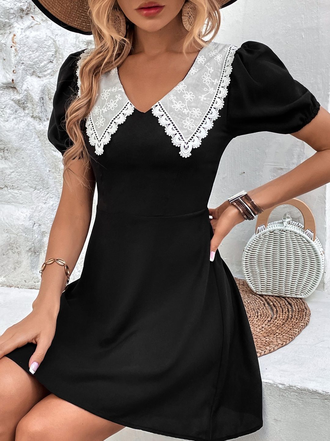 Puff Sleeve Applique Fit & Flare Mini Dress