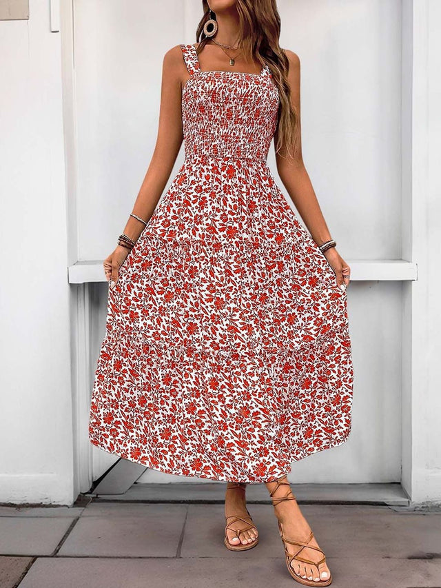 Floral Print A-Line Midi Dress in White Style 306 - Nowi Korean Fashion