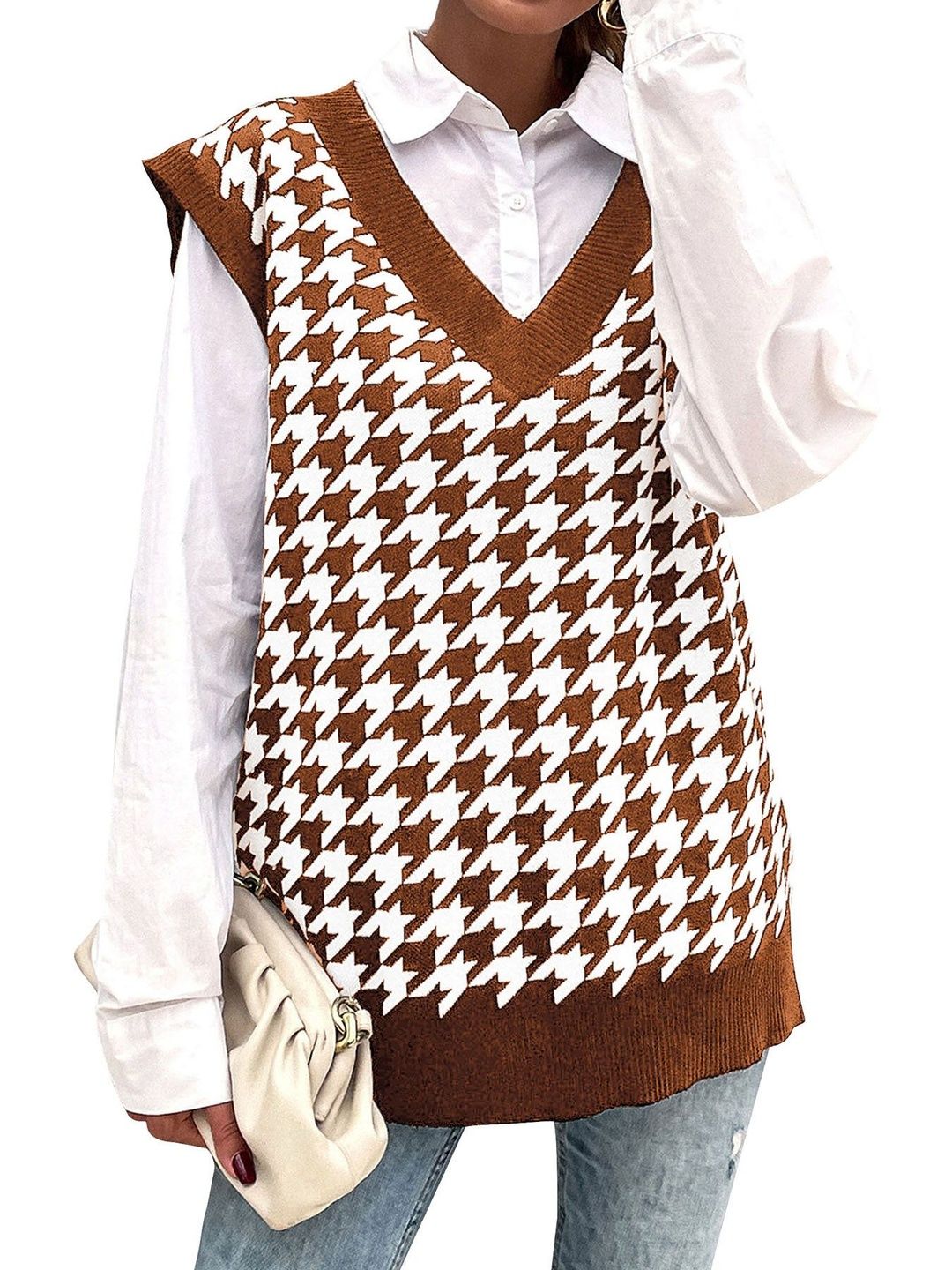 Women's Brown Checked Printed Sweater Vest