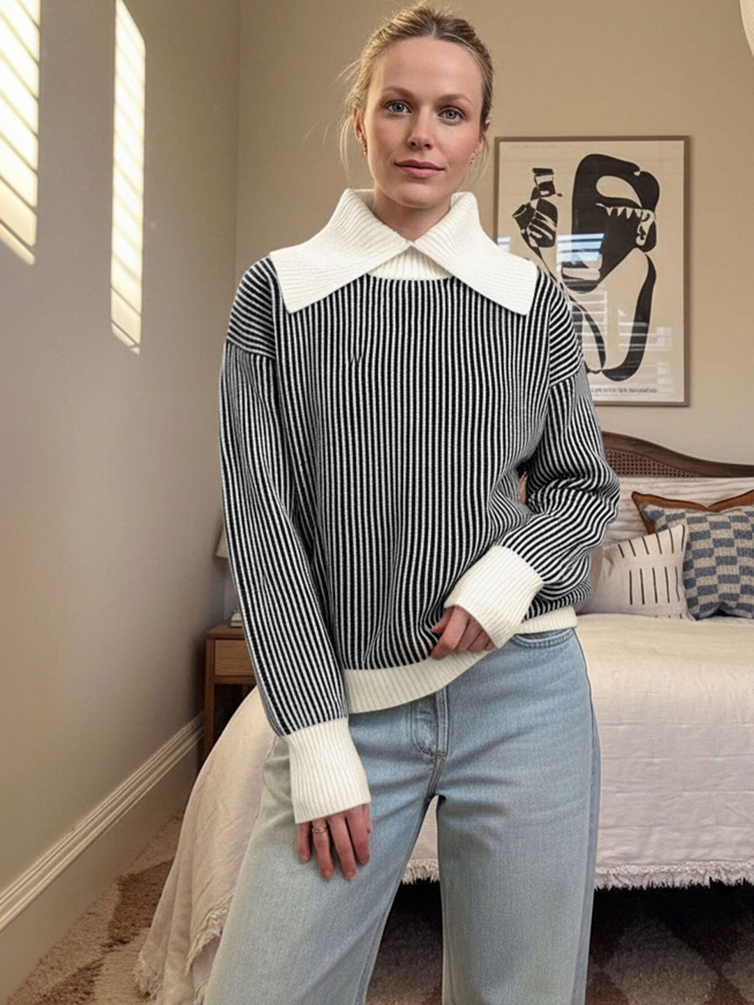 Women's Black Striped Pullover With Contrast Collar