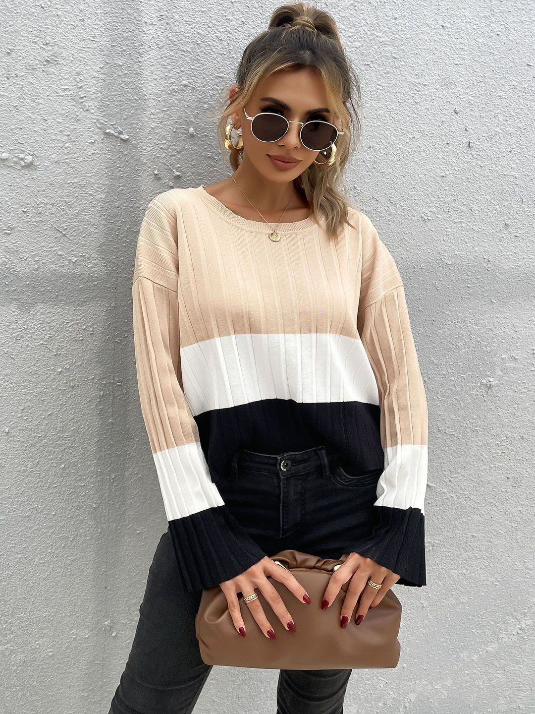 Women's Beige Colourblocked Pullover Blend Printed