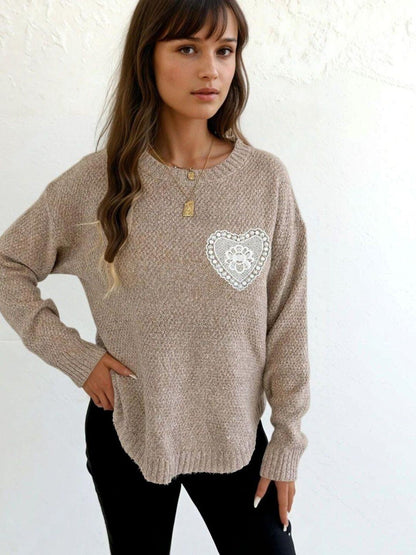 Pullover with Embroidered Detail in Brown acrylic Long Sleeve - Nowi Korean Fashion