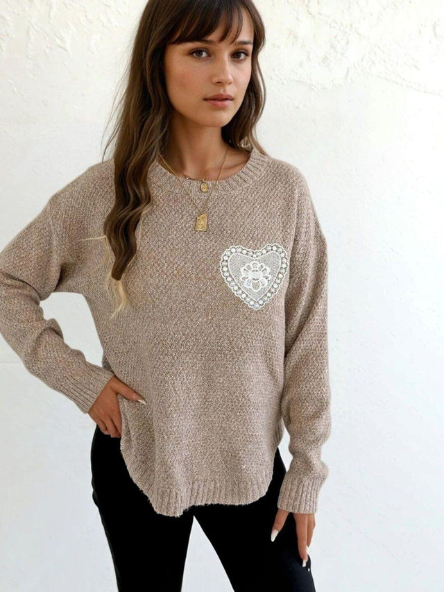 Pullover with Embroidered Detail in Brown acrylic Long Sleeve - Nowi Korean Fashion