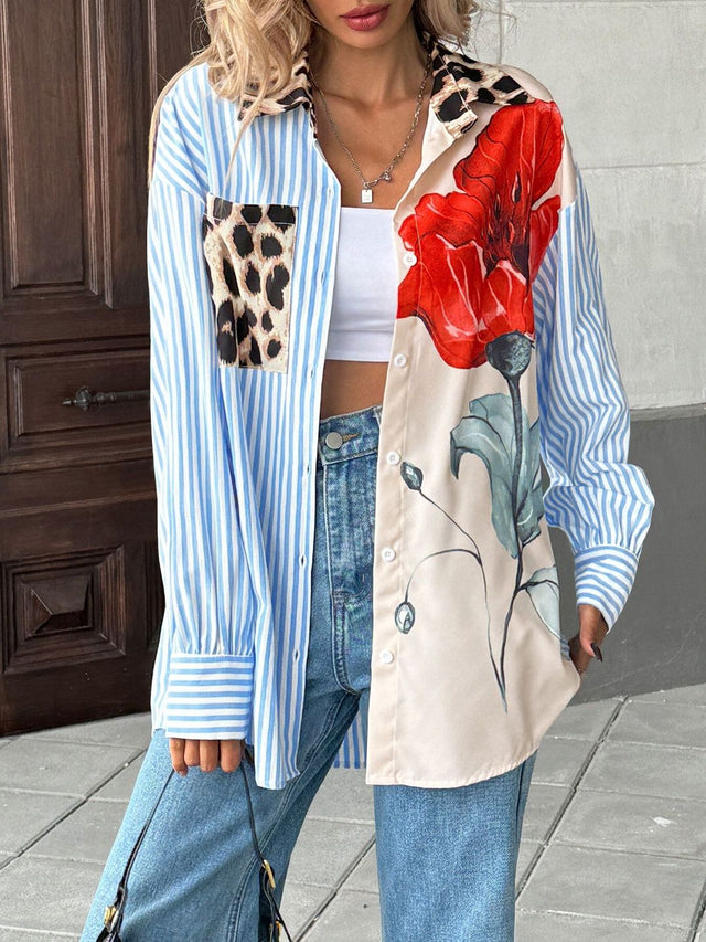 Colourblocked Casual Shirt in Multicolor Cotton Long Sleeve - Nowi Korean Fashion