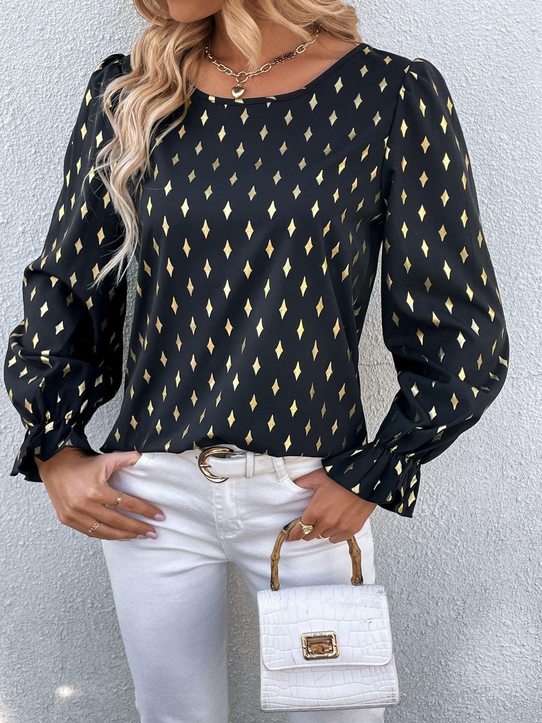 Geometric Print Puff Sleeve Ruffles Top in Black - Nowi Korean Fashion