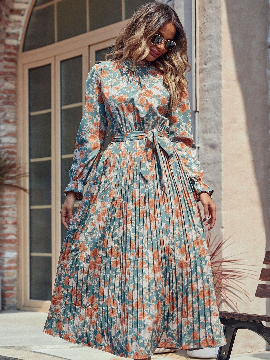 Women's Blue Floral Print Maxi Midi Dress